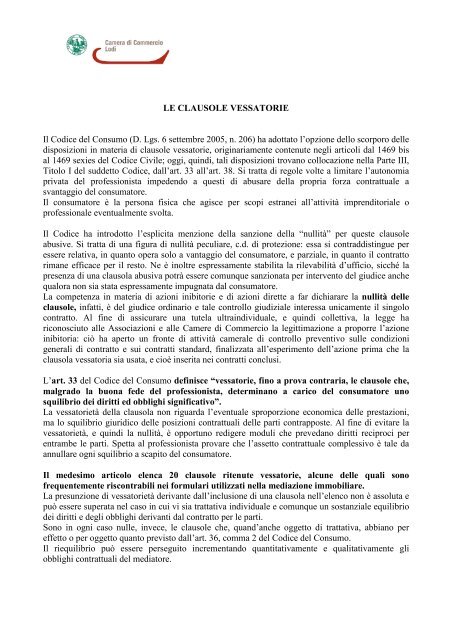 LE CLAUSOLE VESSATORIE Il Codice del Consumo (D. Lgs. 6 ...