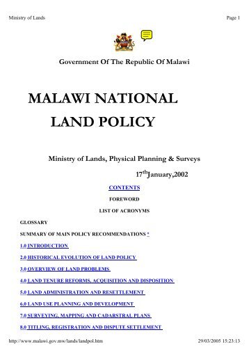 Malawi National Land Policy - Mokoro