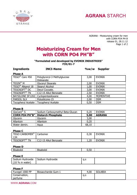 Moisturising cream for men with CORN PO4 PH B - Agrana