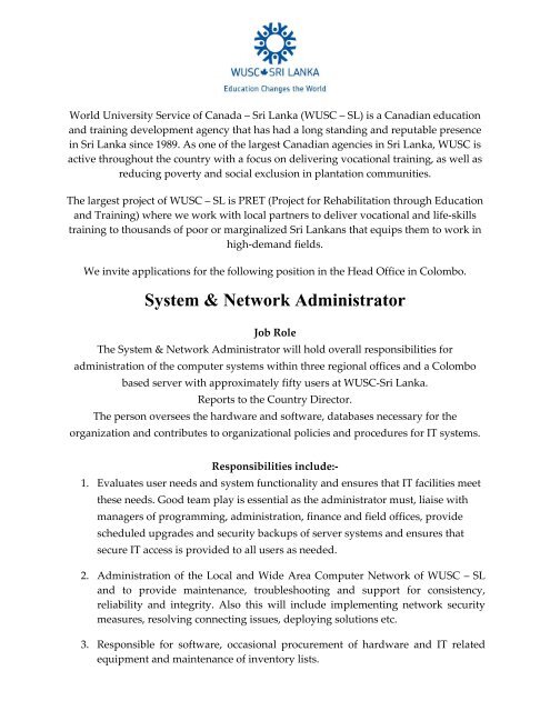 System Network Administrator Consortium Of Humanitarian