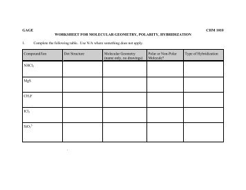 GAGE CHM 1010 WORKSHEET FOR MOLECULAR GEOMETRY ...