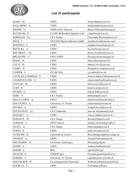 List of participants - AMT - CERN