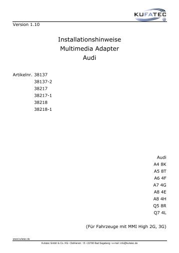 Installationshinweise Multimedia Adapter Audi - IMA-Box
