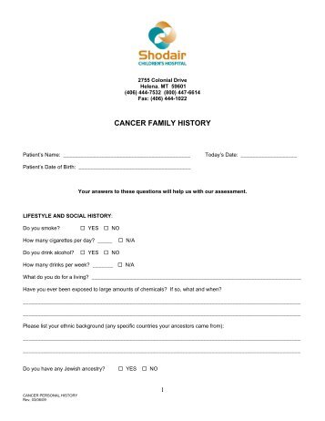 Cancer Family History Form - Shodair Children's Hospital