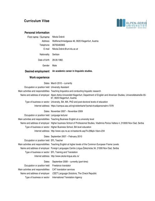 Academic CV - UniversitÃ¤t Klagenfurt