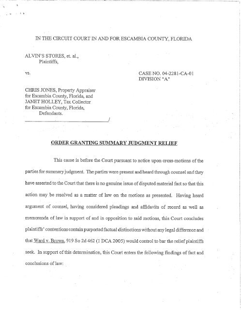 Order Granting Summary Judgment Relief - Pensacola Beach Tax Suit