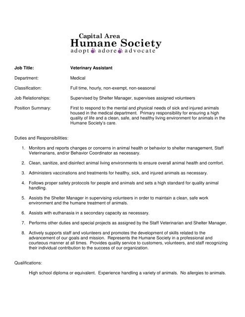 Job Title: Veterinary Assistant Department - Capital Area Humane ... Job Title: Veterinary Assistant Department - Capital Area Humane ...