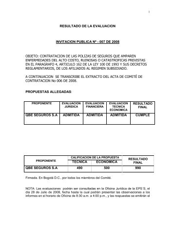 RESULTADO DE LA EVALUACION INVITACION ... - Convida