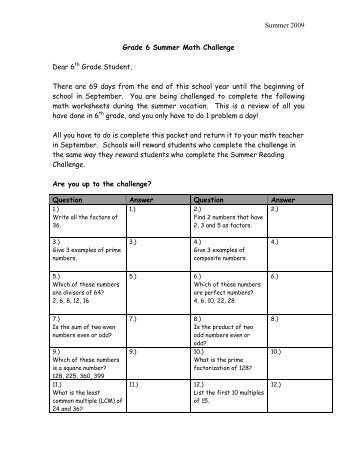 Grade 6 Summer Math Challenge - Brockton Public Schools