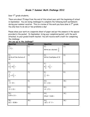 Grade 7 Summer Math Challenge 2012 - Brockton Public Schools