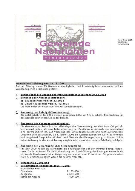 Gemeinderatssitzung vom 21.12.2004: Bei der ... - Hinterstoder