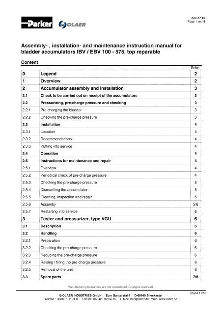 Assembly -, installation- and maintenance instruction ... - Olaer.de