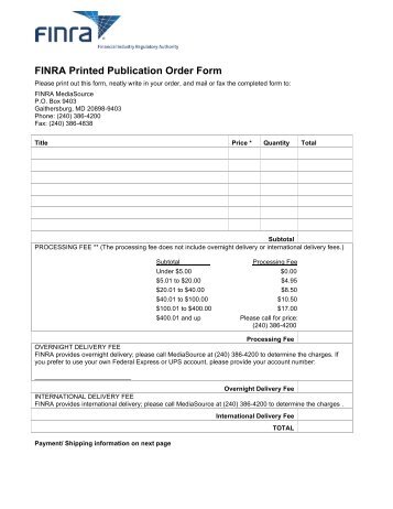 FINRA Printed Publication Order Form