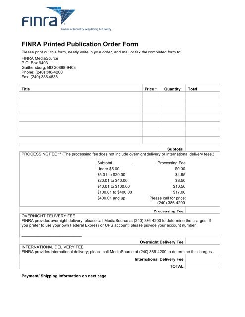 FINRA Printed Publication Order Form