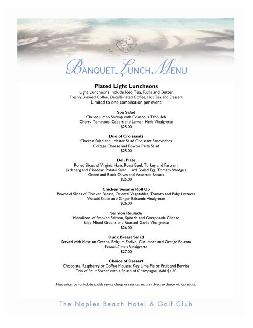 Banquet Menu - Lunch Menus - Naples Beach Hotel & Golf Club