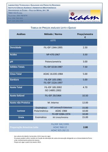 Tabela de preços - icaam - Universidade de Évora