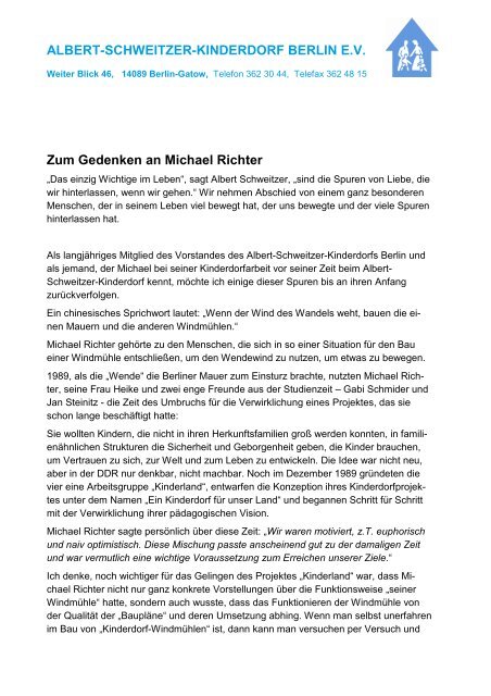 Zum Gedenken an Michael Richter ALBERT ... - Kinderdorf Berlin