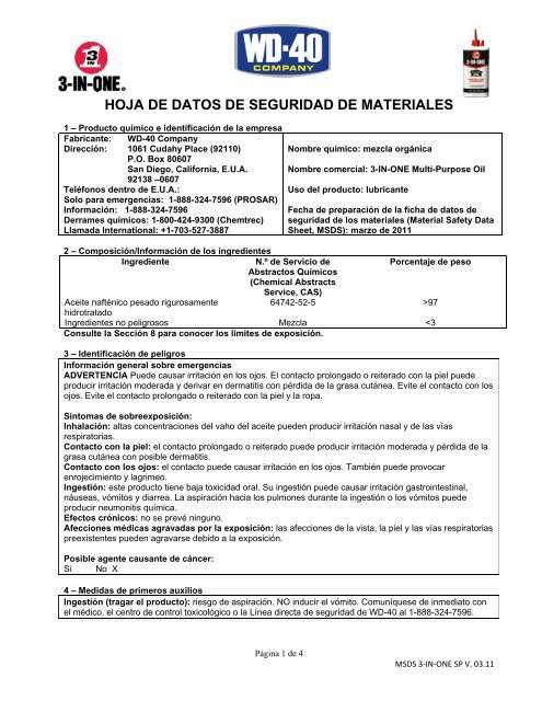 hoja de datos de seguridad de materiales - WD-40 Company