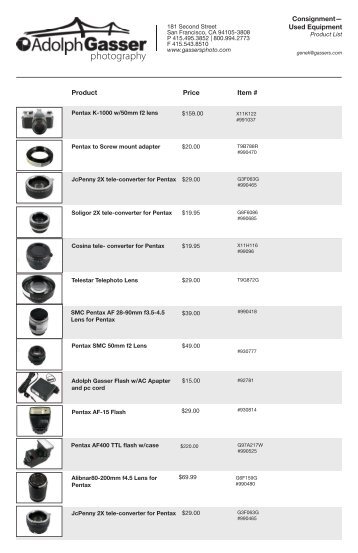 Pentax consignment items - Adolph Gasser Inc.