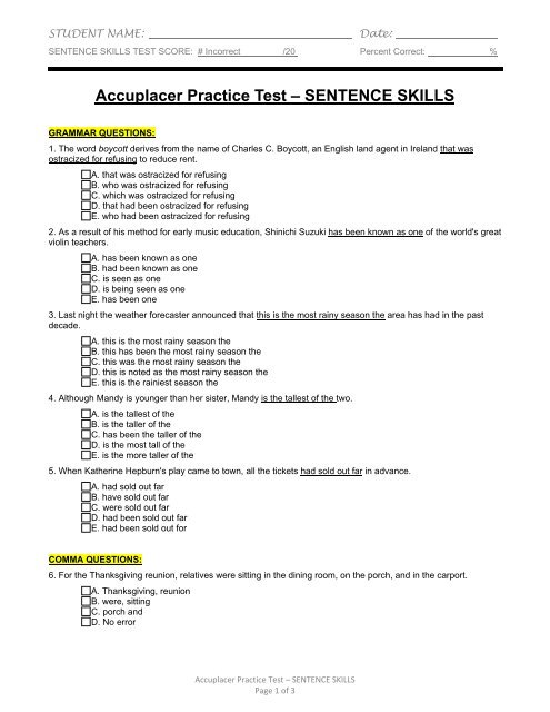 Accuplacer Practice Test SENTENCE SKILLS