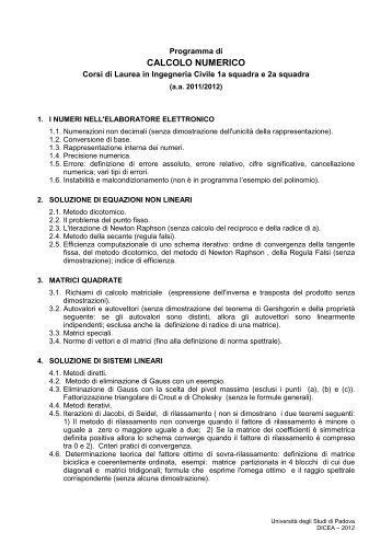 calcolo numerico ICI - Esercizi e Dispense - UniversitÃ  degli Studi di ...