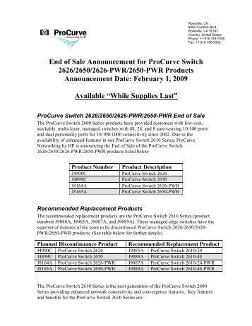 End of Life Announcement for the ProCurve ... - HP Networking