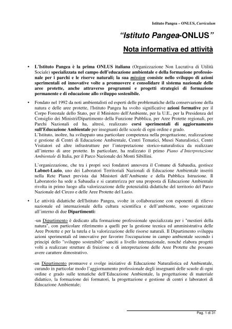 Curriculum Dell Istituto Pangea Onlus Formato Pdf