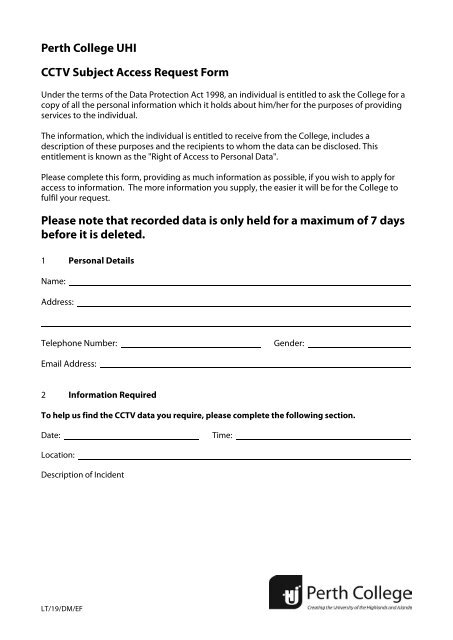 Perth College UHI CCTV Subject Access Request Form Please note ...