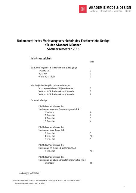 Unkommentiertes Vorlesungsverzeichnis des Fachbereichs Design ...