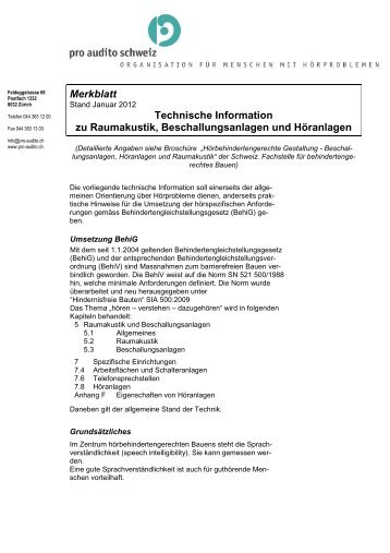 Technische Informationen zu Raumakustik ... - Pro Audito Schweiz