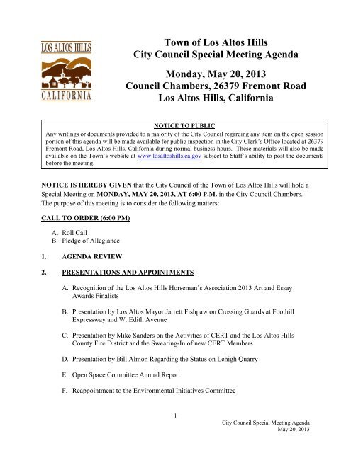 Town Of Los Altos Hills City Council Special Meeting Agenda