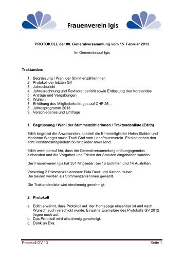 Protokoll der GV 2013 - Frauenverein Igis