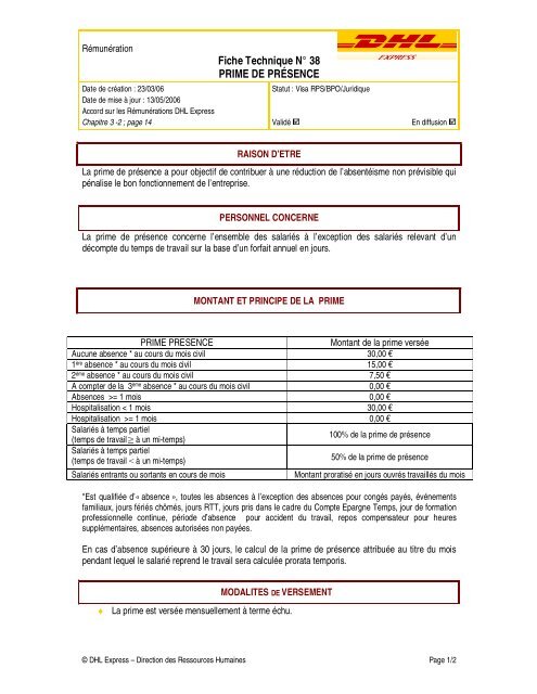 Fiche Technique NÂ° 38 PRIME DE PRÃ‰SENCE - Cfdt-dhl.org