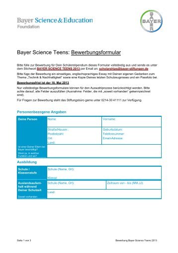 Bayer Science Teens: Bewerbungsformular - BNC - Bayer