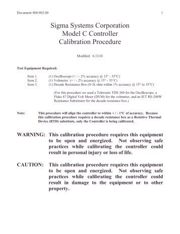 Sigma Systems Corporation Model C Controller Calibration Procedure