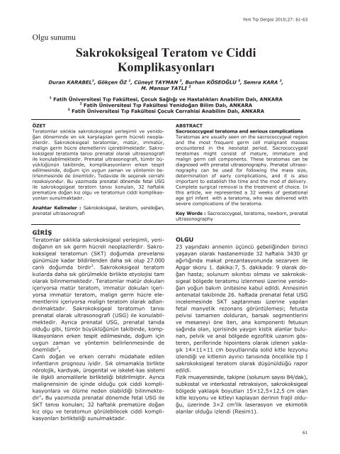 Sakrokoksigeal Teratom ve Ciddi Komplikasyonları - Yeni Tıp Dergisi