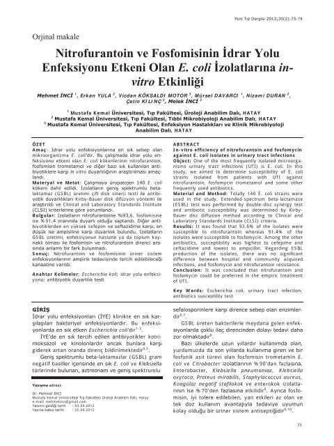 Nitrofurantoin ve Fosfomisinin İdrar Yolu ... - Yeni Tıp Dergisi