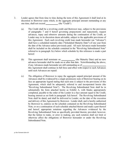 Sample Revolving Subordinated Loan Agreement