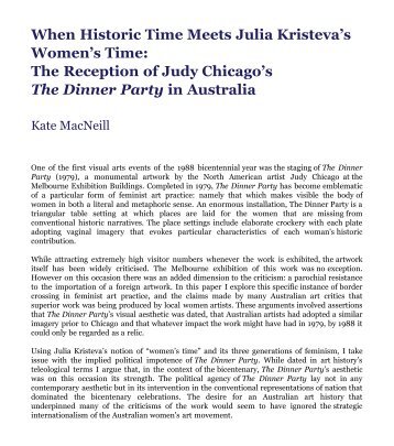 the reception of Judy Chicago's The Dinner Party in Australia.