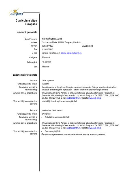 Curriculum vitae Europass - Universitatea de Stiinte Agricole si ...