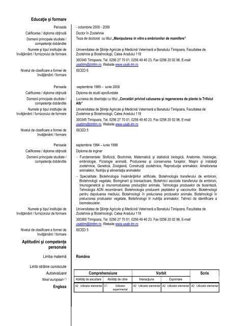 Curriculum vitae Europass - Universitatea de Stiinte Agricole si ...