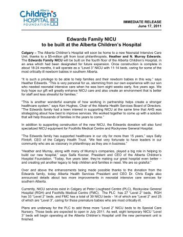 Edwards Family NICU to be built at the Alberta Children's Hospital