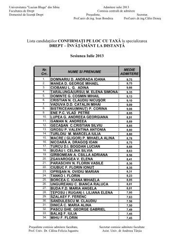 Universitatea "Lucian Blaga" din Sibiu Admitere iulie 2013