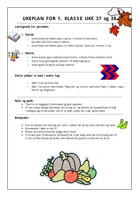 UKEPLAN FOR 1. KLASSE UKE 37 Og 38 - Bamble Kommune