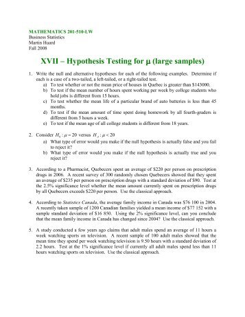 XVII - Hypothesis Testing for the mean - SLC Home Page