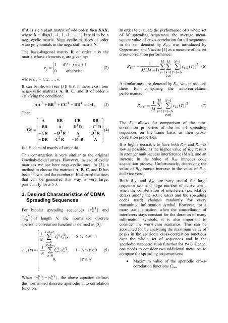 Application of Nega-cyclic Matrices to Generate Spreading Sequences