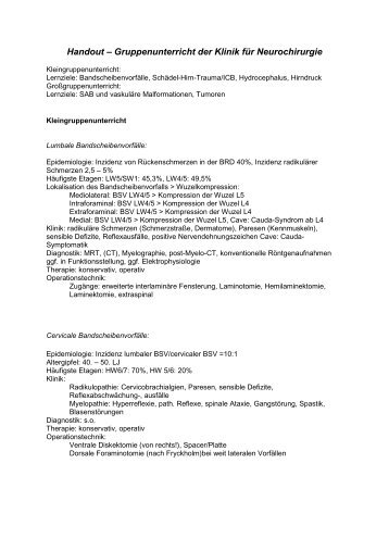 Handout – Gruppenunterricht der Klinik für Neurochirurgie