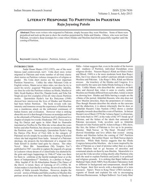 Pakistan Raju Literaty Response To Partition In Pakistan Raju Jayasing Patole