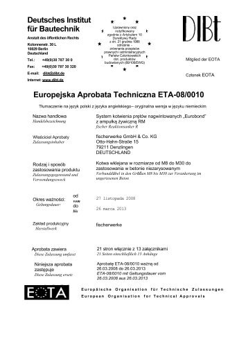 Europejska Aprobata Techniczna ETA-08/0010 - fischer