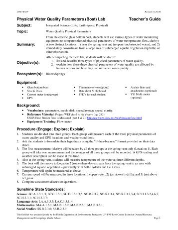 Physical Water Quality Parameters (Boat) Lab Teacher's Guide